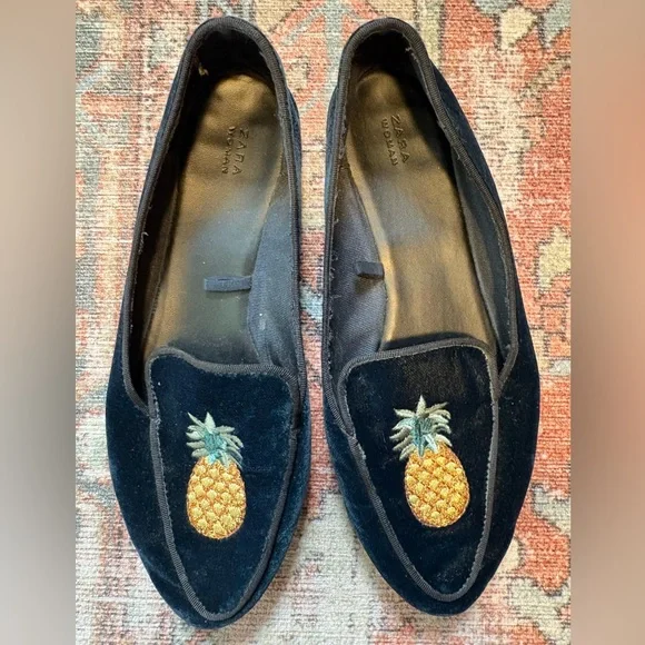 Zara Blue velvet pineapple smoking shoes loafers in size 37 - Picture 5 of 7